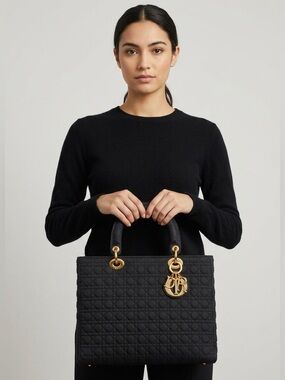 Lady Dior Cannage Nylon Vintage Quilted Tote Bag in Black with Gold Hardware